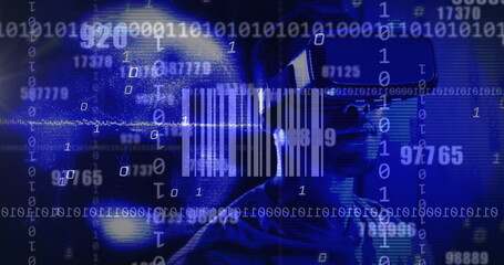 Image of bar code and binary coding data processing over african american man in vr headset