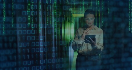Image of binary coding data processing with caucasian female it technician by computer servers