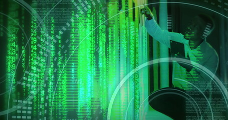 Image of binary coding data processing with african american it technician by computer servers