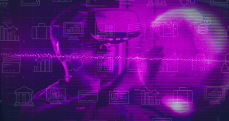 Image of data processing and icons over african american man in vr headset