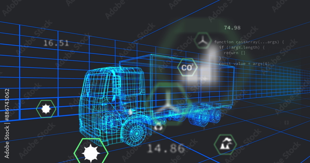 Poster image of multiple digital icons over 3d truck model moving in seamless pattern in a tunnel