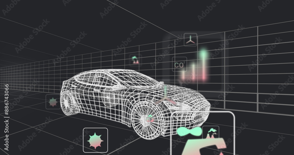 Poster image of multiple digital icons over 3d car model moving in seamless pattern in a tunnel