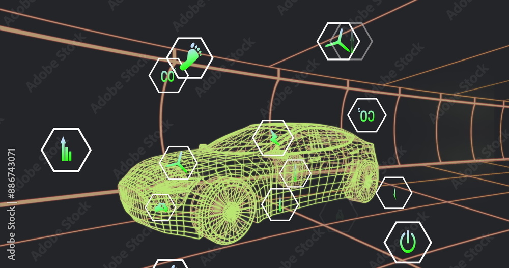 Poster image of multiple digital icons over 3d car model moving in seamless pattern in a tunnel