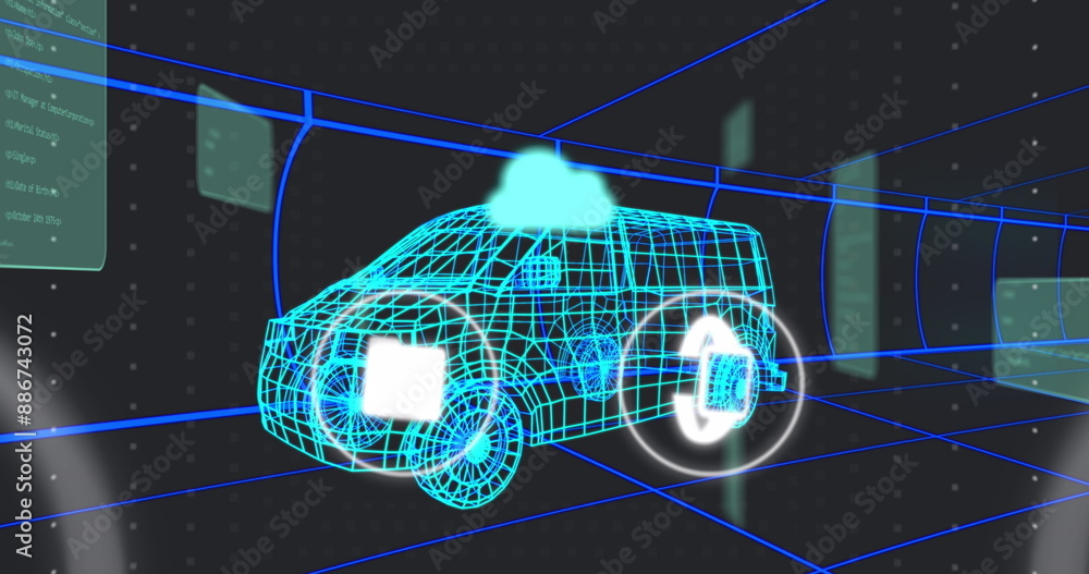 Poster image of multiple digital icons over 3d van model moving in seamless pattern in a tunnel