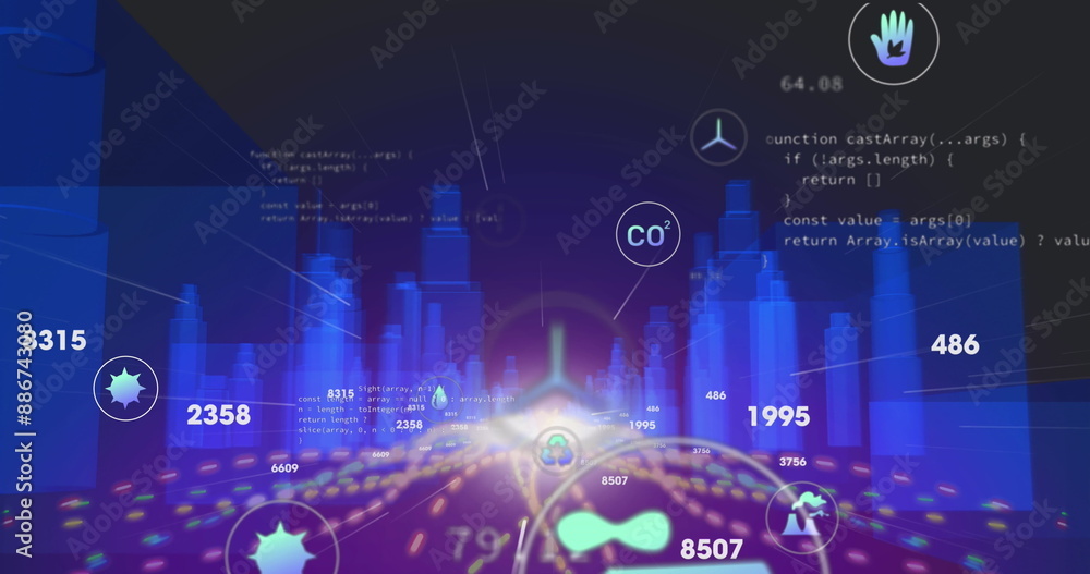 Poster image of multiple digital icons and data processing over light trails against 3d city model