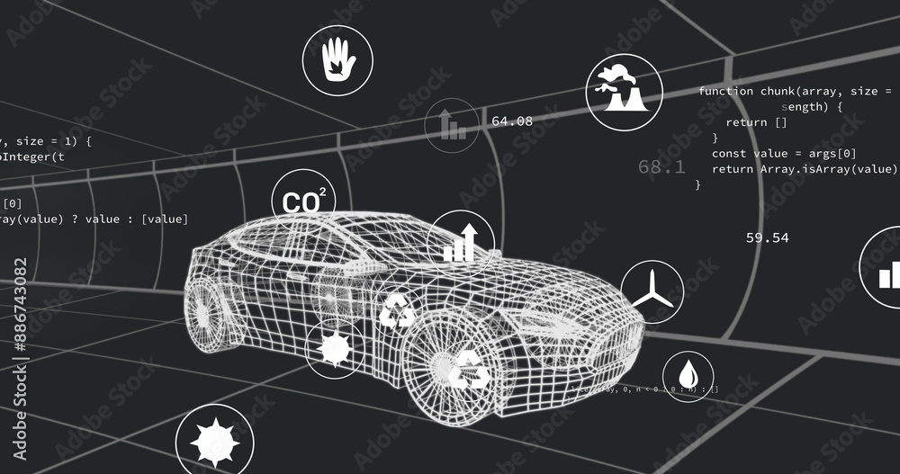 Poster image of multiple digital icons over 3d car model moving in seamless pattern in a tunnel
