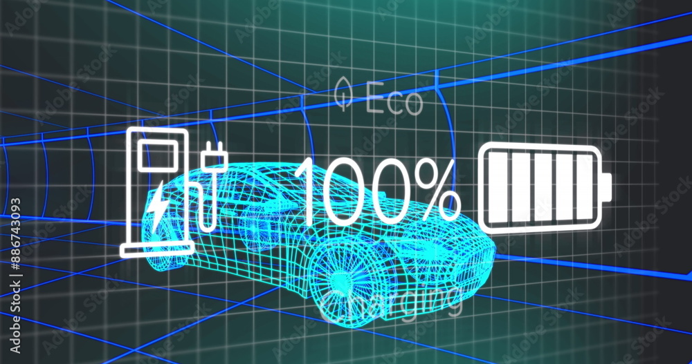 Poster image of battery charging interface over 3d car model moving in seamless pattern in a tunnel