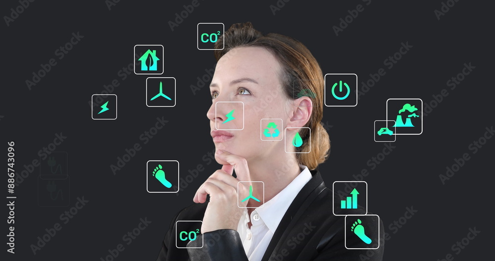 Poster Image of multiple digital icons over thoughftul caucasian businesswoman against grey background