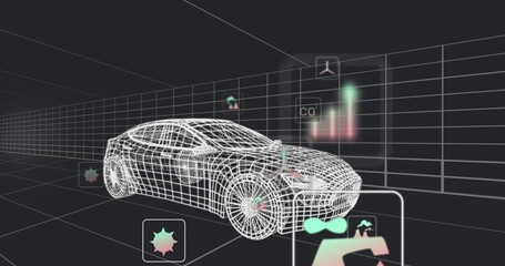 Image of multiple digital icons over 3d car model moving in seamless pattern in a tunnel