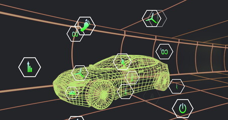 Image of multiple digital icons over 3d car model moving in seamless pattern in a tunnel