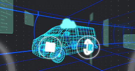 Image of multiple digital icons over 3d van model moving in seamless pattern in a tunnel