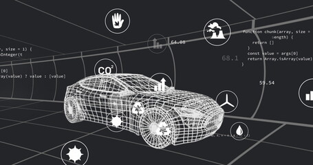 Image of multiple digital icons over 3d car model moving in seamless pattern in a tunnel