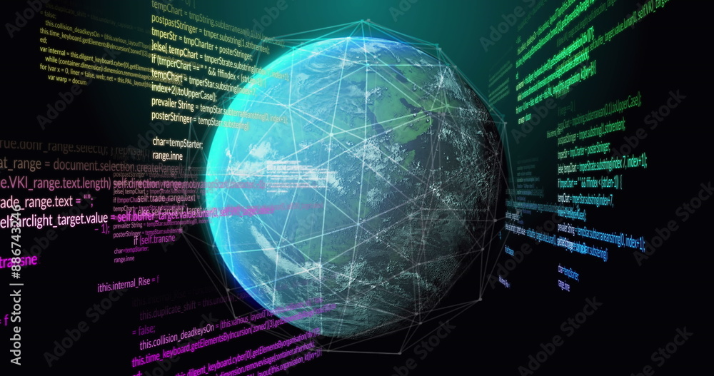 Poster image of data processing and network of connections over spinning globe on black background