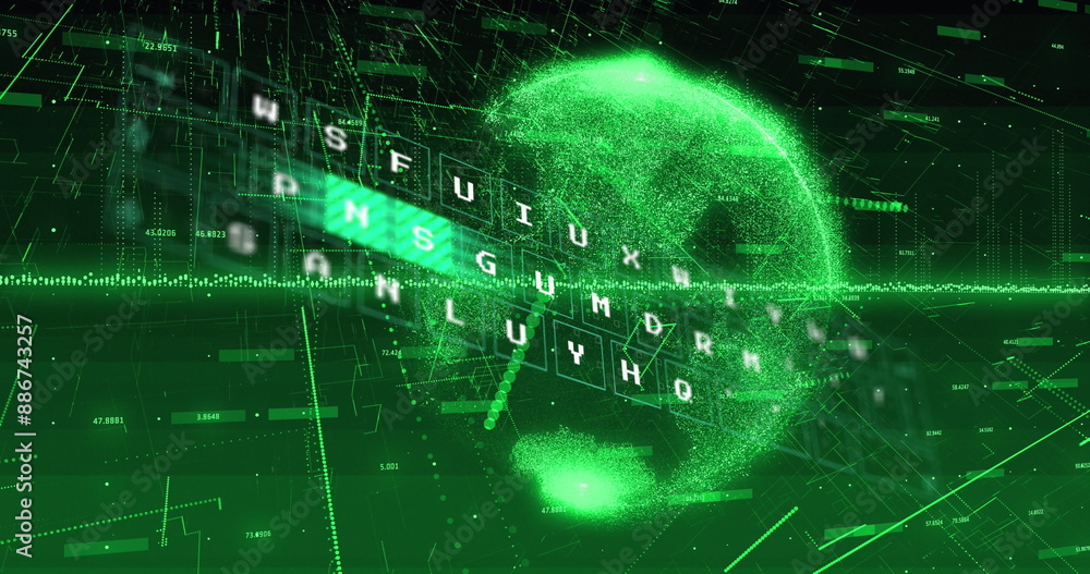 Poster image of data processing and light trails over spinning globe against green background