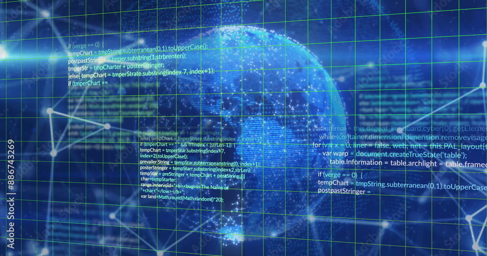 Aufkleber image of data processing and network of connections over spinning globe against blue background