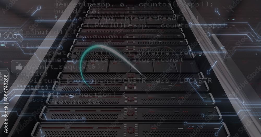 Poster image of infinity loop over data processing and computer motherboard and servers