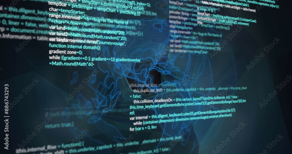 Poster image of data processing over spinning globe against black background