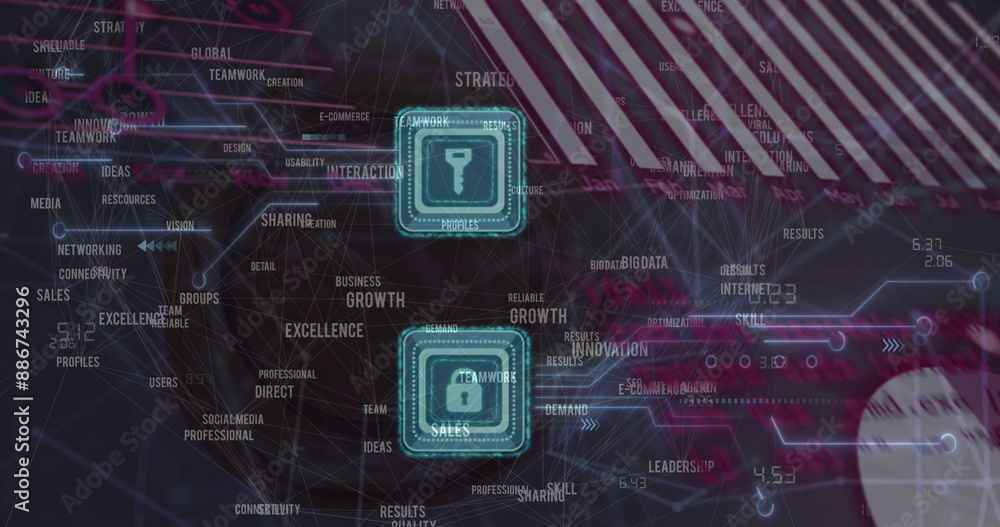 Poster Image of padlock and key icons over data processing and computer motherboard and servers