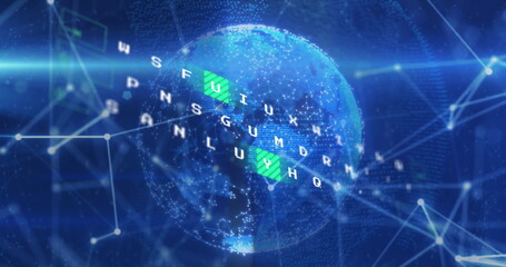 Image of data processing and network of connections over spinning globe against blue background