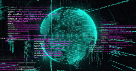 Image of data processing over spinning globe against black background