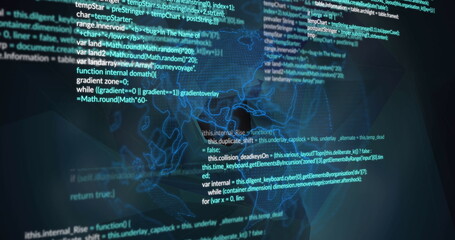 Image of data processing over spinning globe against black background