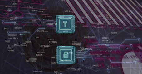 Image of padlock and key icons over data processing and computer motherboard and servers