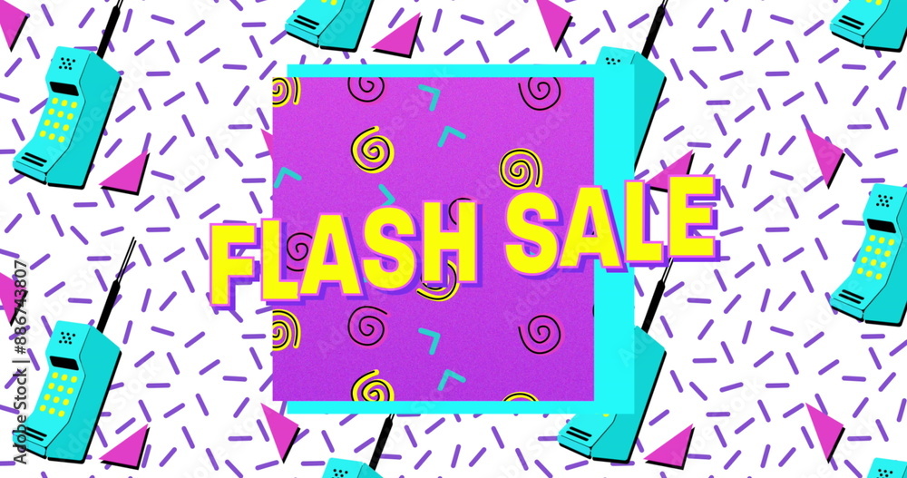 Poster image of flash sale text, circular pattern in square with phone and lines over white background