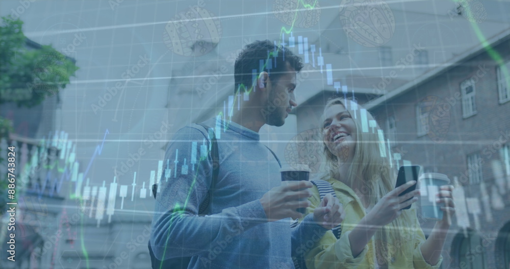 Poster image of graphs with changing numbers over caucasian couple talking while drinking coffee