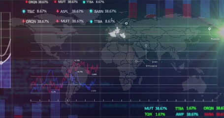 Image of multiple graphs with trading boards over illuminated pattern moving on map