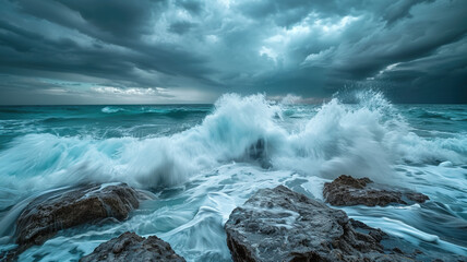 Fototapeta premium An ocean scene illustrating an approaching storm, featuring a palette of dark and light blue shades along with aqua tones.