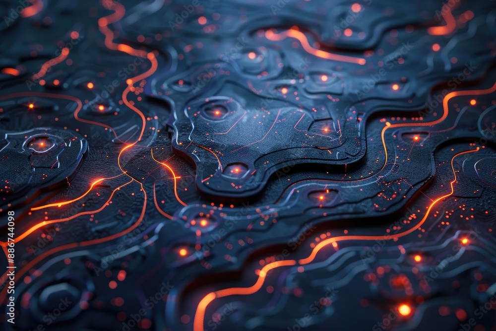 Poster abstract digital terrain with glowing lines and patterns in dark blue and orange, creating a futuris