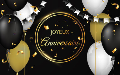 carte ou bandeau pour souhaiter un joyeux anniversaire en or dans deux cercles sur un fond noir avecdes ballons des confetis et des fanions de couleur or blanc et noir