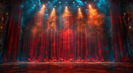 Stage with red curtains opening under spotlight, revealing photorealistic scene.