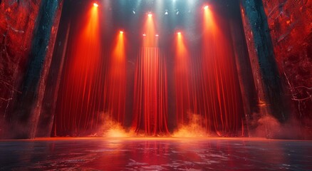 Obraz premium Stage with red curtains opening under spotlight, revealing photorealistic scene.
