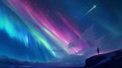 Naklejka premium A person stands on a mountain top, looking out at the night sky. Anime background. Anime sky. Anime wallpaper