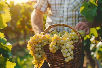 Man harvests ripe white wine grapes in sunny vineyard. Person holds basket filled with green grapes against rich grapevines backdrop. Rustic charm from natural woven basket and warm sunlight glow. - Powered by Adobe