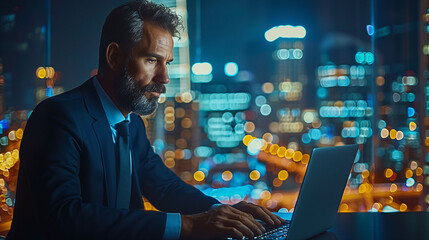 A businessman working on a laptop in a modern office at night with city lights in the background.