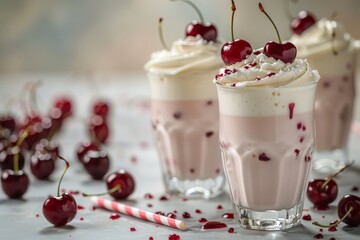 Milkshakes with whipped cream and cherries suspended