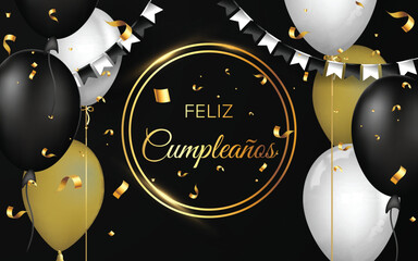 tarjeta o pancarta para desear un feliz cumpleaños en oro en dos círculos sobre fondo negro con globos, confeti y banderines en color oro blanco y negro