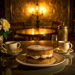 Traditional Victoria sponge cake with cream and jam filling, dusted with powdered sugar, served with tea in a warm, inviting setting.