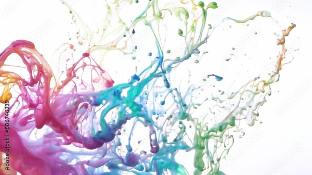 Poster a vibrant paint splash in shades of pink, blue, green, and yellow explodes on a white background, cr