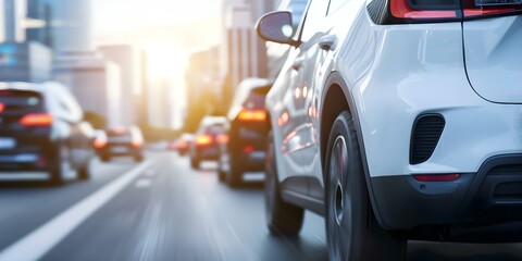 Fototapeta premium Ebikes and electric cars speeding past emitting futuristic glow. Concept Future Transportation, Electric Vehicles, Eco-Friendly Commuting