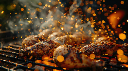 Chicken legs sizzling on the backyard grill, generously seasoned, surrounded by clouds of smoke and dancing fire particles, create an inviting atmosphere.
