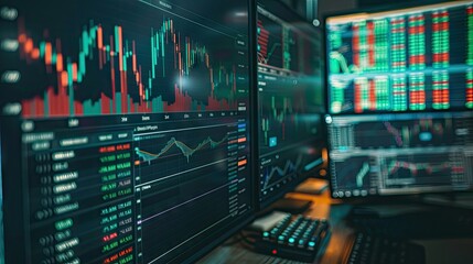 Stock market charts and trading platforms on screens with copy space in the right side --ar 16:9 Job ID: cb5c8cbe-f8a1-44e5-a314-336244a1ca2a