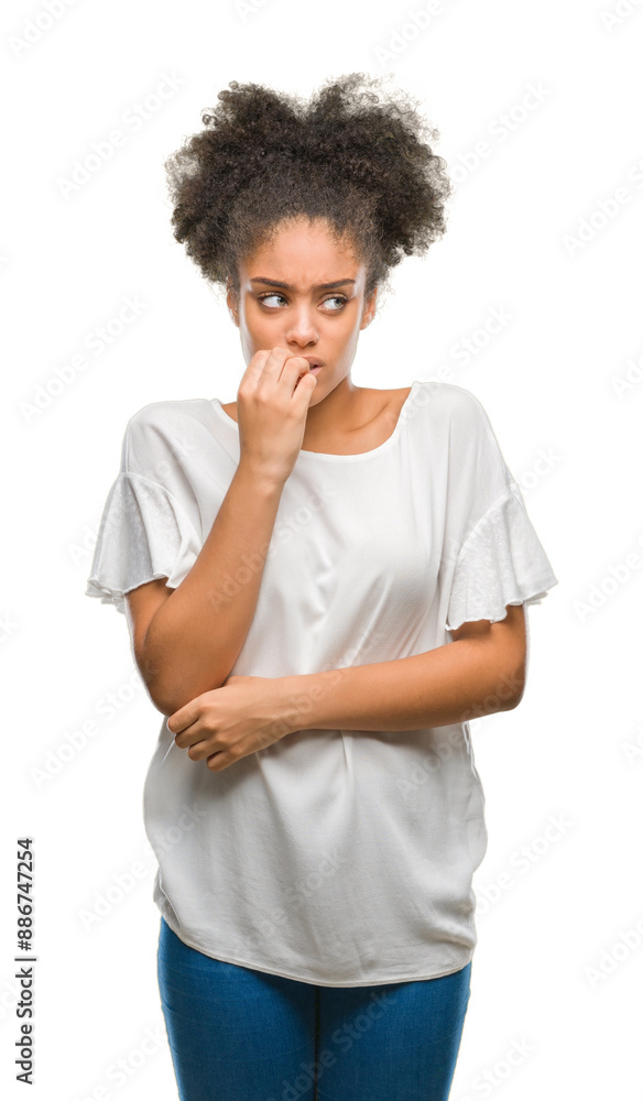 Canvas Prints Young afro american woman over isolated background looking stressed and nervous with hands on mouth biting nails. Anxiety problem.