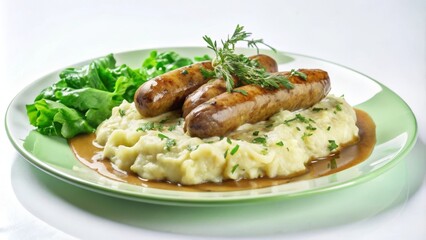 Classic English bangers and mash with sausages on creamy mashed potatoes, garnished with fresh herbs and gravy.