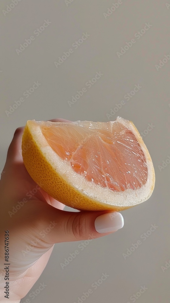 Aufkleber a hand holds a half cut grapefruit segment against a light beige background. the segment is juicy an