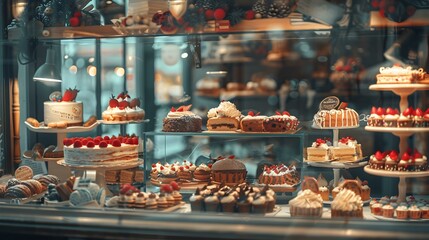 A pastry shop window filled with delicious cakes image