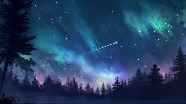 A beautiful night sky with a bright star shooting across it. Anime background. Anime sky. Anime wallpaper