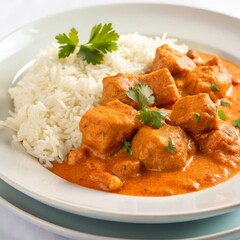 Fototapeta premium Chicken curry with rice, garnished with cilantro, served on a white plate in a simple, elegant presentation.